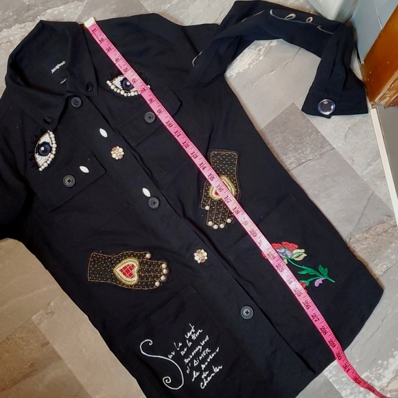 Desigual Black Embellished Black Jacket. Print, Beads, Sequins, Embroidery. M. - Picture 15 of 16